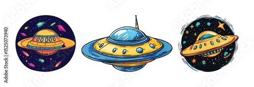Spacecraft Clipart Three UFO Designs in Outer Space