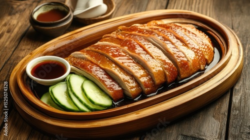 Deliciously Plated Roast Duck with Sauce and Fresh Cucumber Slices