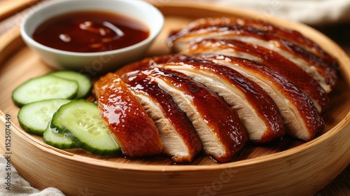 Sliced Roast Chicken with Sauce and Fresh Cucumber on a Platter