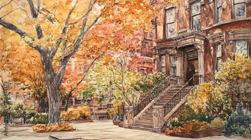 Autumn Scene with Beautiful Brownstone and Colorful Fall Foliage