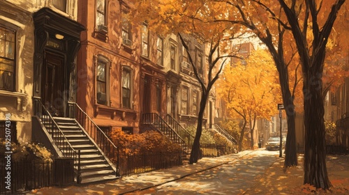 Autumn Street Scene with Brownstones and Vibrant Fall Foliage