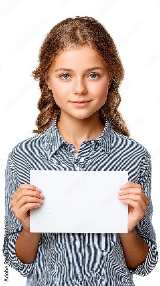 Girl Holding Blank Wildlife Awareness Board With Serious Expression Against White Background Girl Holding Blank Wildlife Awareness Board With Serious Expression Against White Background