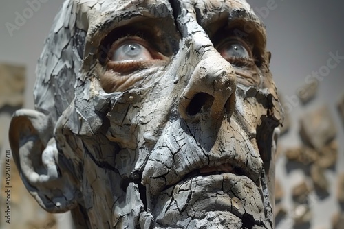 Sculpture of a cracked face highlighting the fragility of human existence in a modern art gallery