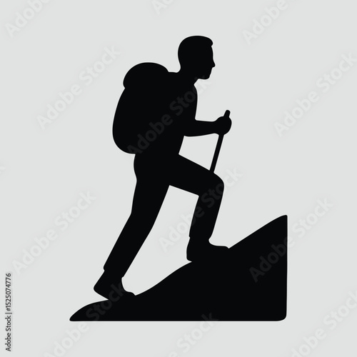 Silhouette hiker climbing a mountain with stick Illustration Vector