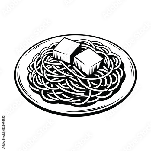 Black and white illustration of spaghetti with tofu on a plate