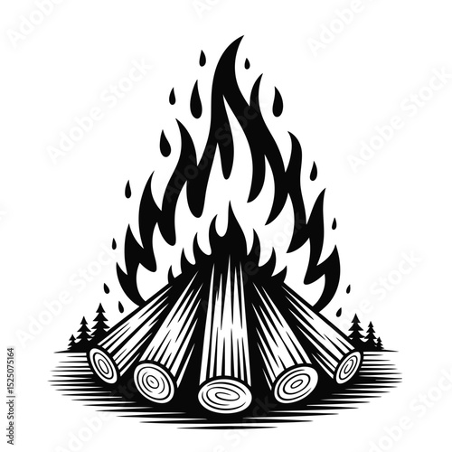 Monochrome illustration of bonfire with flames and logs for camping design