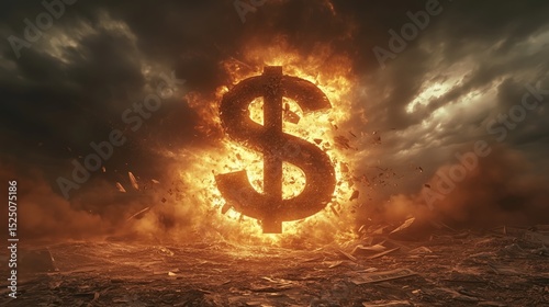 Crumbling economy concept, giant dollar sign breaking apart, stormy sky in the background