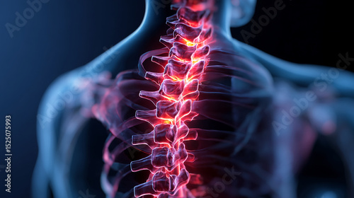 Close-up of glowing spinal column, red and blue hues, showcasing anatomy and pain visualization, ideal for medical or healthcare concepts