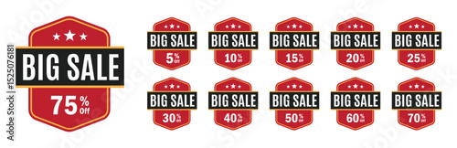 A comprehensive set of "big sale" badges with various discount percentages, perfect for retail promotions.