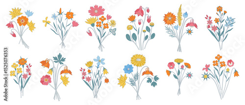 Wildflower multicolored bouquets set. Bunches of blooming meadow flowers, herbs, and wild plants. Botanical hand-drawn elements for design projects, minimal style. Vector illustration