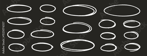 Crayon outline ovals or ellipses set. Pencil hand drawn emphasis elements, freehand line art white frames. Doodle style chalk sketches, round shapes on black background. Vector illustration