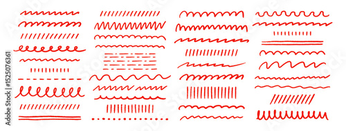 Crayon hand drawn strokes, underlines, smears, strikethroughs, curls, wavy lines set. Pencil squiggles elements. Red doodle style chalk sketches on white background. Vector illustration