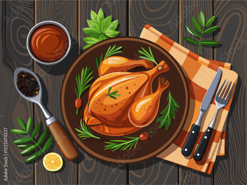 vector of Roasted chicken with rosemary served in black plate with sauce and large wooden handle knife and fork on wooden table, top view.