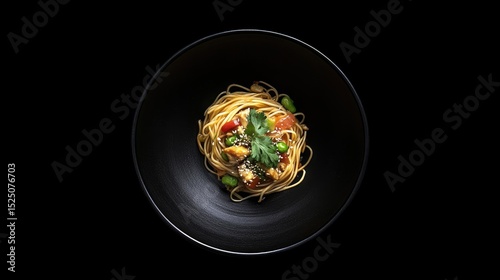 Gourmet Pasta Dish Served in Elegant Black Bowl with Fresh Herbs