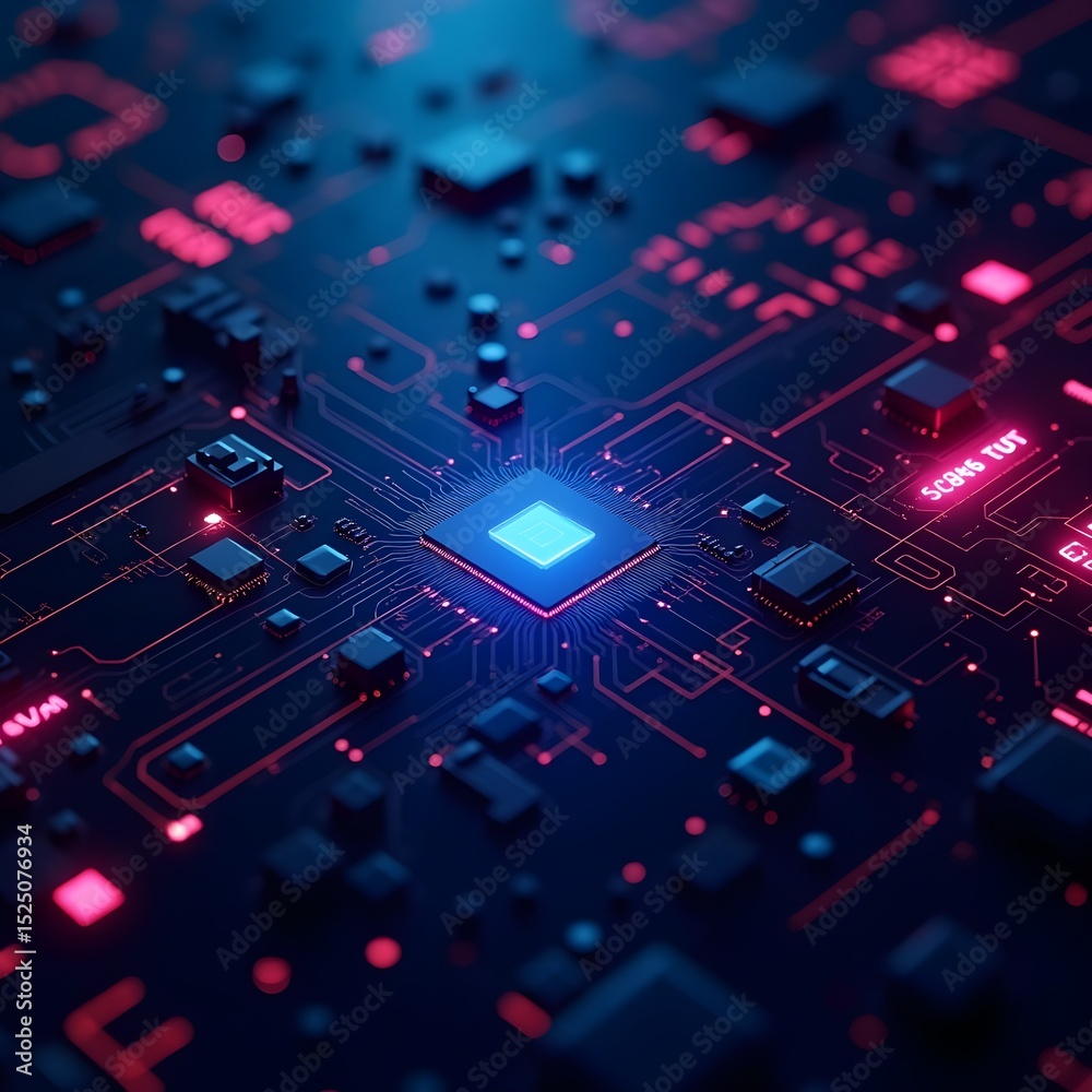 Fototapeta premium Electronic circuit board background with close-up of computer motherboard components, showcasing digital technology and semiconductor chips