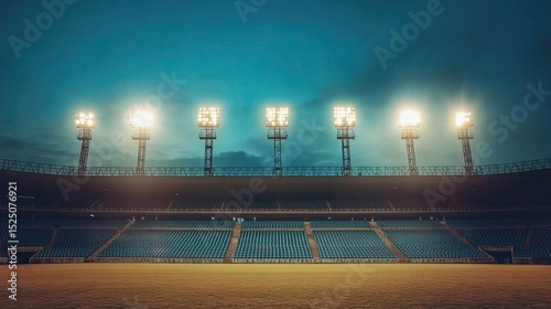 Vast Stadium Under Dusk with Bright Floodlights Illuminating Field