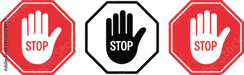 Stop Hand Icon Set with Bold Octagon Border Design on Transparent Background
