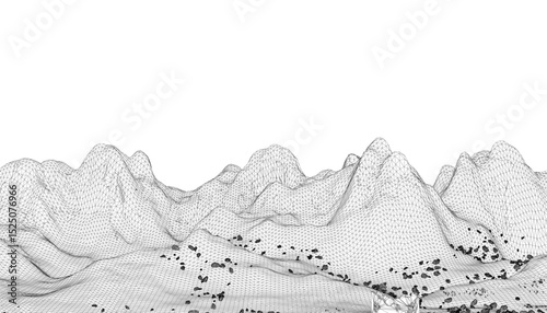 A mountain range is shown in black and white. The mountains are very large and are spread out across the image. The mountains are covered in snow and appear to be very rocky. Scene is one of awe