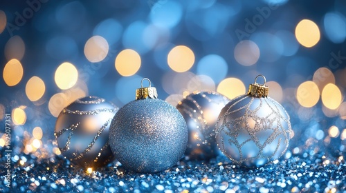 Sparkling Blue and Silver Christmas Ornaments on Shimmering Background