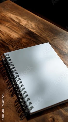 Blank spiral bound notebook on a dark wood surface, ready for text or illustrations, minimalist design and ample space for writing