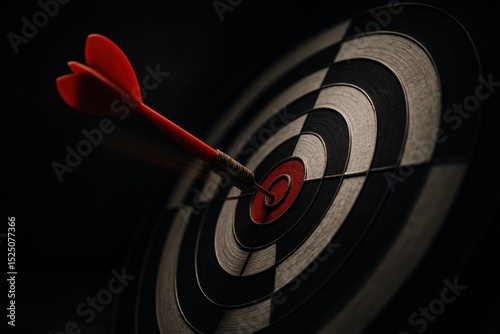 Red Dart Hitting Bullseye On Target Board In Dark Background
