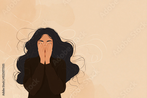 Woman with long dark hair covering her face with hands against beige background, symbolizing sadness, anxiety, or stress, ideal for mental health awareness