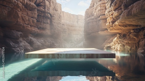 Floating Platform in Serene Canyon with Reflections and Mist