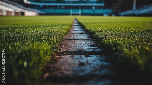 Pathway Through Green Grass on Sport Field Under Bright Sunshine
