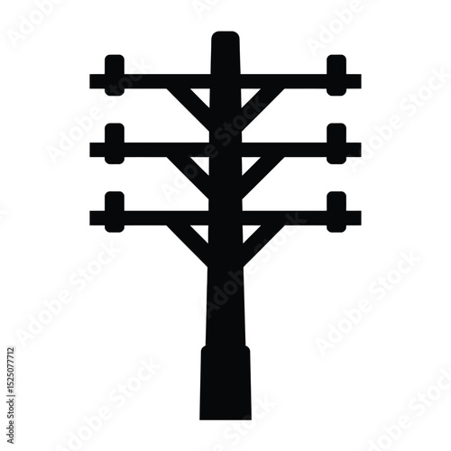 Black silhouette of a utility pole with three crossbeams on white