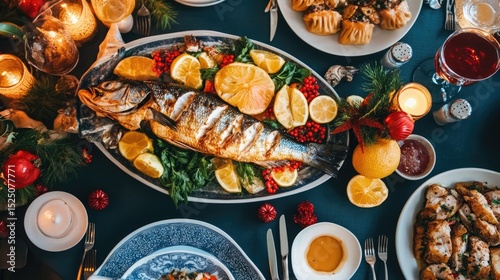 Festive Seafood Feast with Garnishes and Colorful Decorations