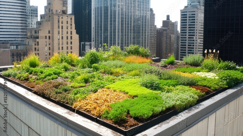 Fototapeta premium Vibrant Urban Rooftop Garden with Lush Greenery and Cityscape View