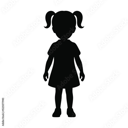 Silhouette of a little girl with pigtails standing in a dress