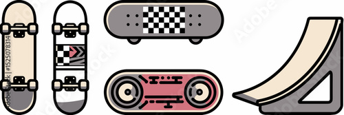 Skateboard icon set with graphic decks, various wheels, and a ramp – Great for sports infographics, skate culture branding, or equipment guides