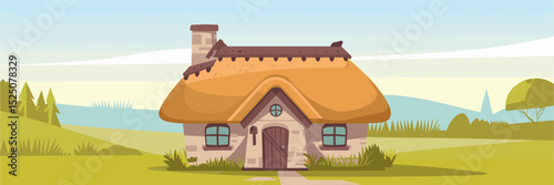 Thatched roof cottage illustration in rolling hills