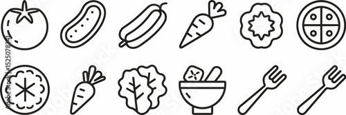 Black and white salad ingredient icon sheet in grid layout
