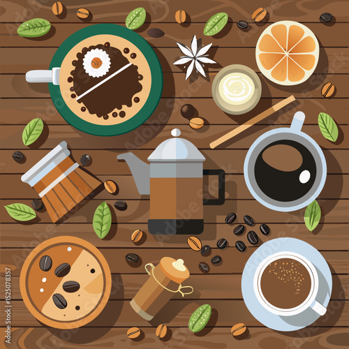 International Coffee Day Vector Illustration – Cozy Cafe, Beans, Brewing Setup, Flat Design