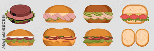 Vector sandwich icon sheet with roast beef, ham, tuna and more