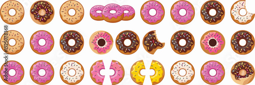 Doughnut icon sheet with glaze, sprinkles, and bitten doughnut