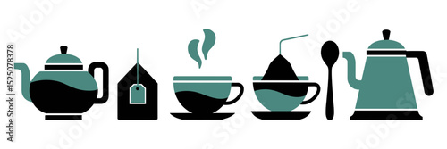 Vector icon set of tea accessories with steam and teacup
