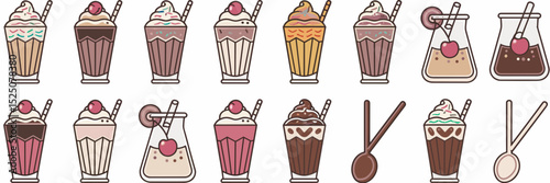 Icon sheet of milkshakes with straw, spoon, and various toppings