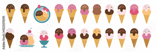Ice cream icon sheet with various cones, bowls, and toppings – Suitable for dessert apps, food packaging, or colorful design projects