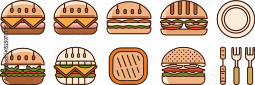 Clean vector icons of sandwiches with plate and fork in grid layout