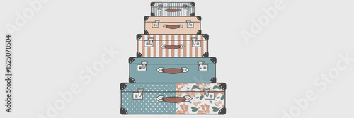 Stack of five patterned suitcases on white background