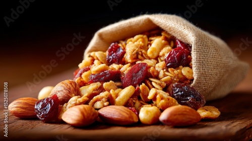 Burlap Sack Spilling Granola Mixed With Nuts And Dried Fruits On Wooden Surface photo