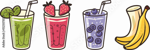 Smoothie icon sheet with colorful drinks in clear glasses on white background