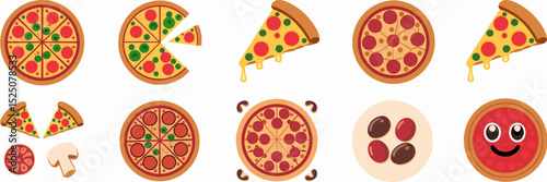 Pizza icon sheet with various toppings and styles