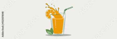 Vector splash illustration of orange juice in glass with slice