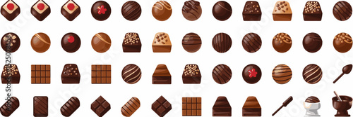Vector chocolate icon sheet with bars, truffles, cake, and fondue pot – Perfect for confectionery branding, holiday promotions, or dessert menus