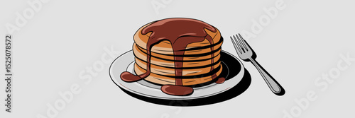 Stack of pancakes with syrup, plate, and fork on white background