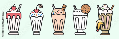 Milkshake icon sheet with toppings like cherry, cookie, and banana